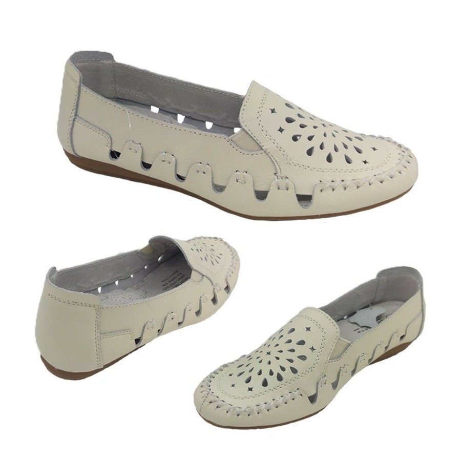 Women LeBonne | Ladies Leather Shoes Lebonne Sandy Leather Slip On Cutouts Elastic 5-10 Beige