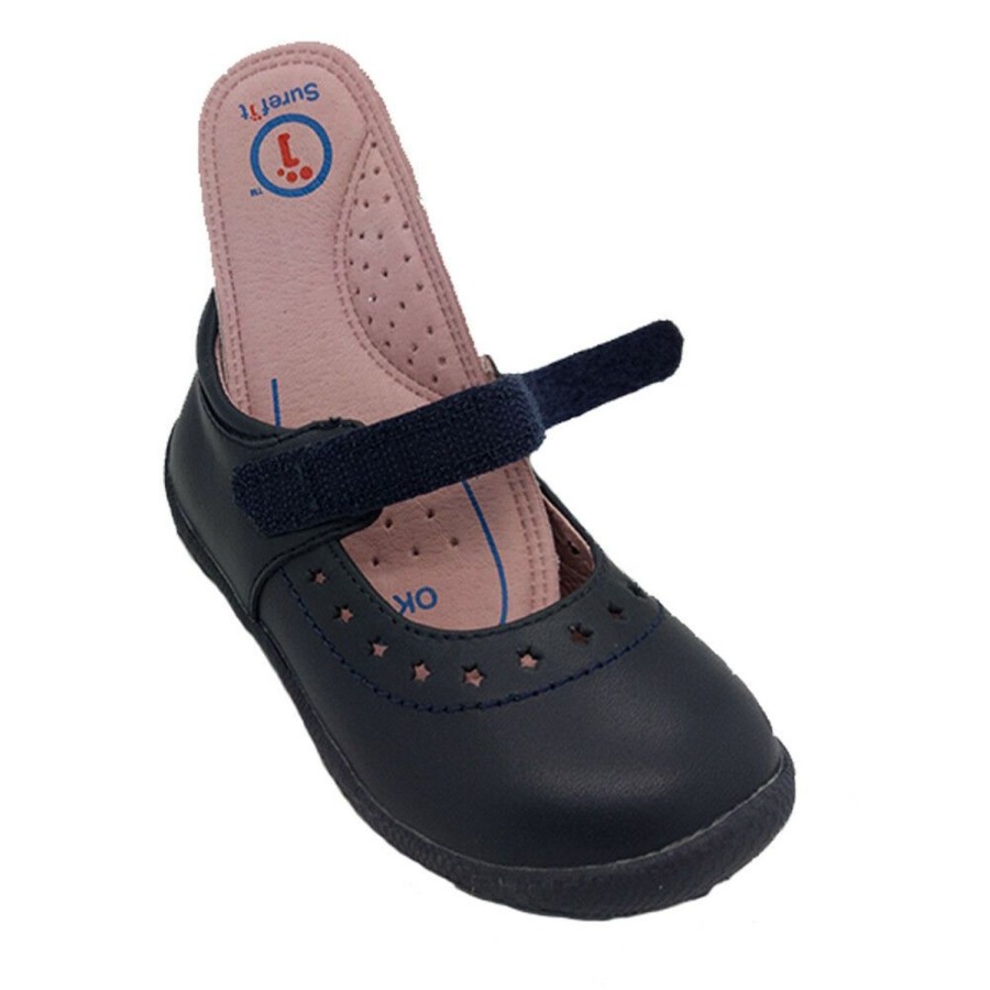 Kids Surefit Casual | Girls Shoes Surefit Alannah Leather Mary Jane Hook And Loop Flat Sole Navy