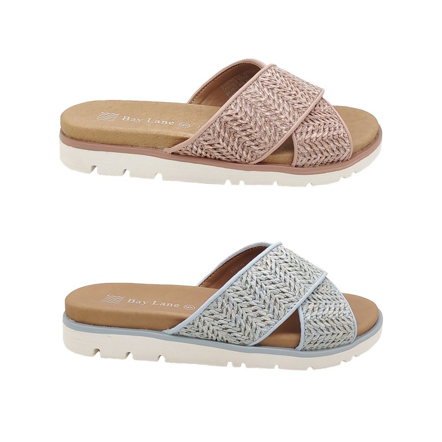 Women Bay Lane | Bay Lane Piccolo Ladies Sandals Summer Slides Comfort Sole Woven Cross Front