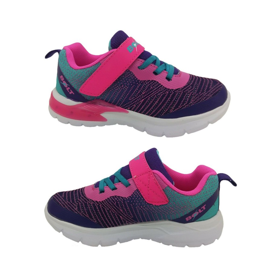 Kids Bolt Runners | Girls Shoes Bolt Pax2 Led Light Up Sole Runner Hook And Loop Size Uk 6-2 New Pink/Purple