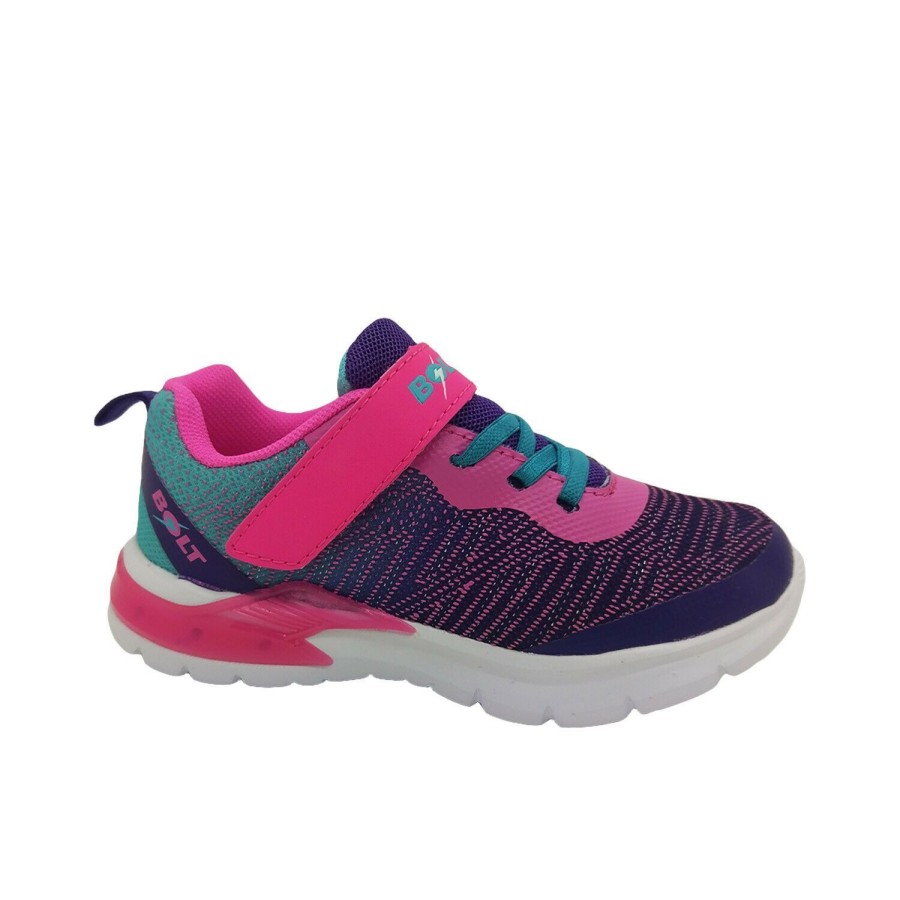 Kids Bolt Runners | Girls Shoes Bolt Pax2 Led Light Up Sole Runner Hook And Loop Size Uk 6-2 New Pink/Purple