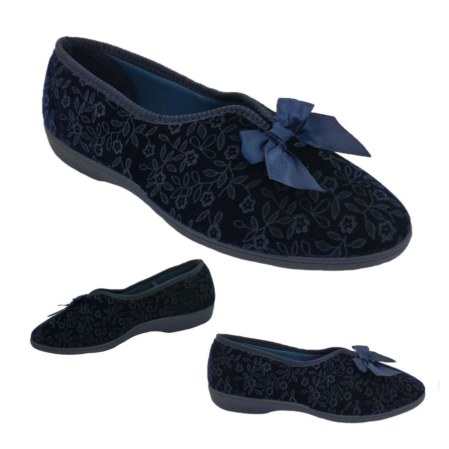 Women Grosby | Ladies Slippers Grosby Valerie V-Cut Patterned Velour Slipper With Bow Navy