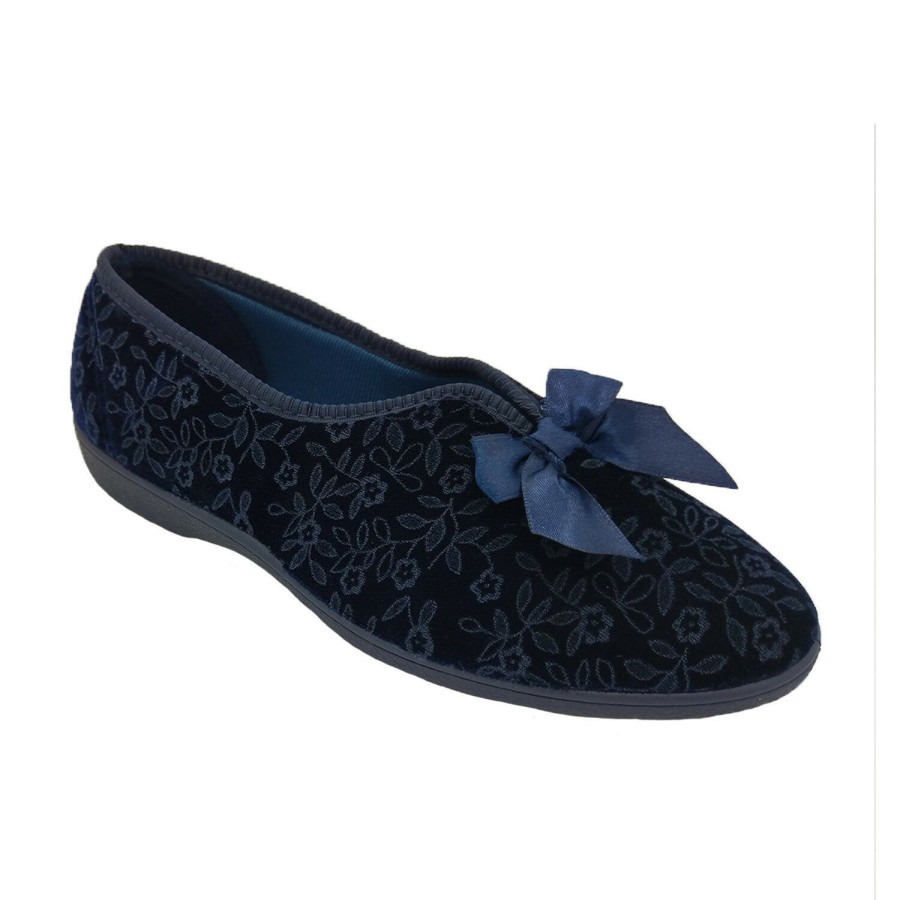 Women Grosby | Ladies Slippers Grosby Valerie V-Cut Patterned Velour Slipper With Bow Navy