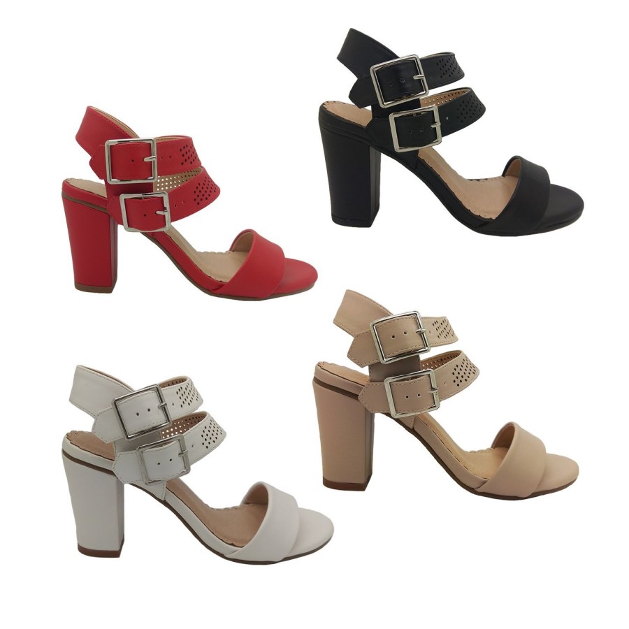 Women No Shoes | No! Shoes Holes Ladies Heels Open Toe Strappy Double Buckle Block Heel