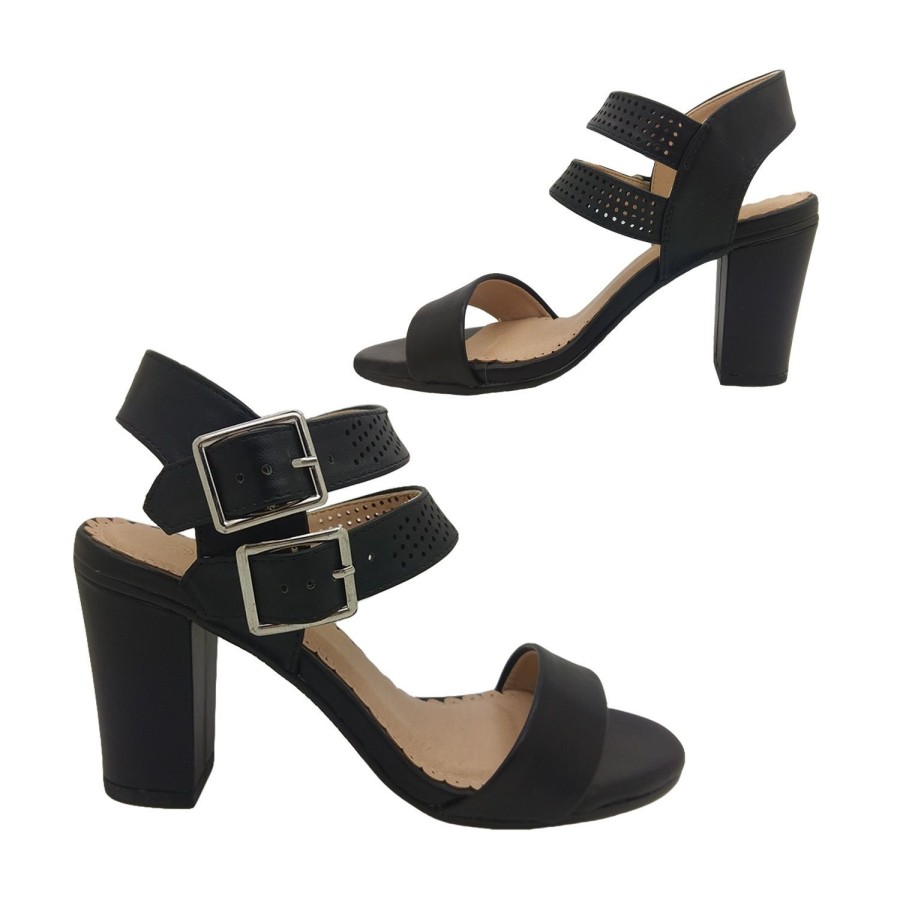 Women No Shoes | No! Shoes Holes Ladies Heels Open Toe Strappy Double Buckle Block Heel