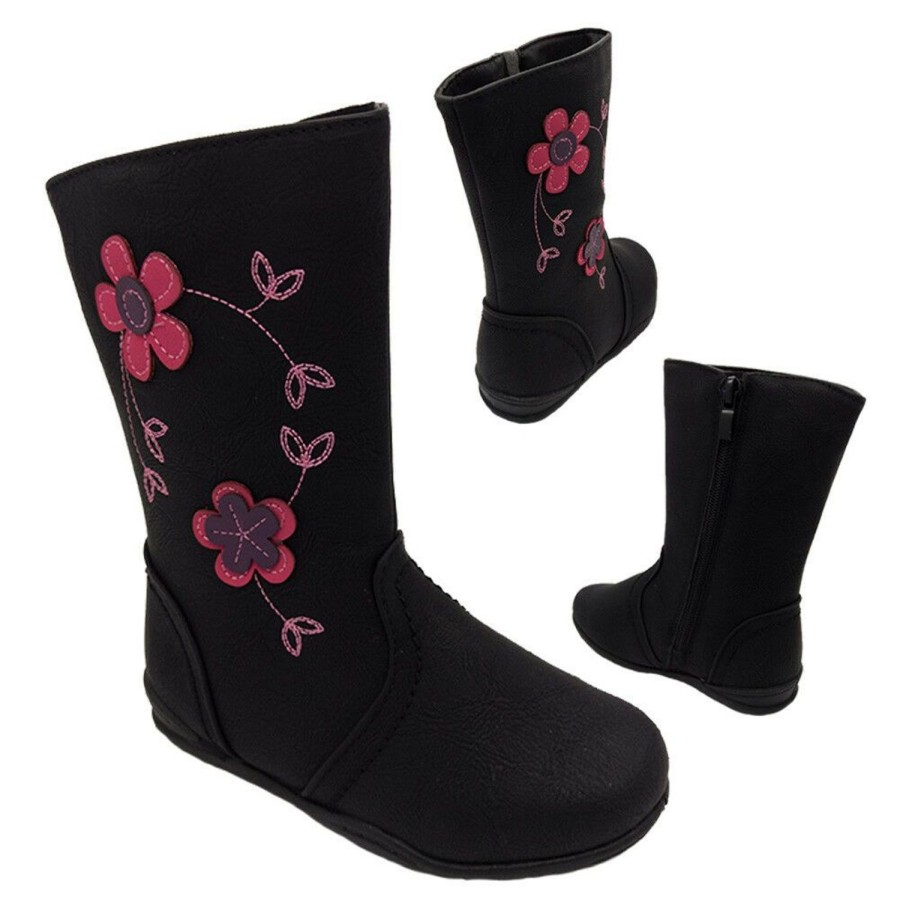 Kids Pollyanna Boots | Girls Boots Pollyanna Kelly Flower Detail Boot Flat Sole Size 8-13 New Black