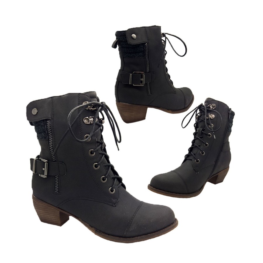 Women No Shoes | No! Shoes Larger Ladies Boots Lace Up Front Zip Side Mid Heel Buckle