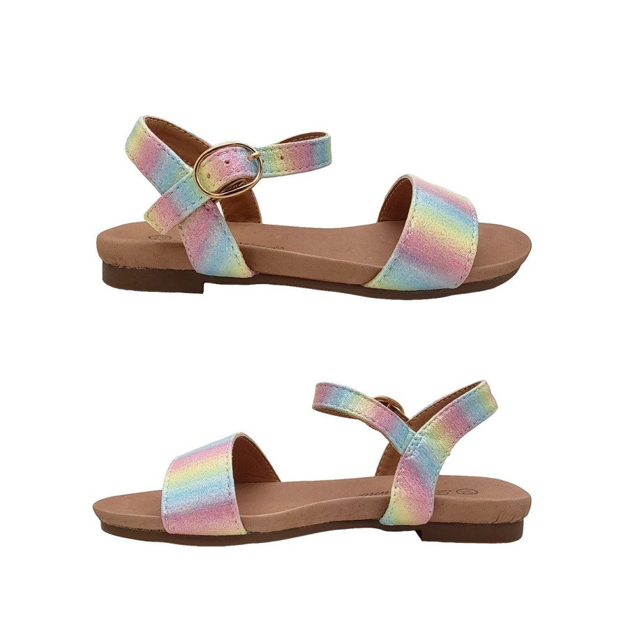 Kids Bellissimo Sandals | Bellissimo Ainslee Girls Shoes Sandals Fun Sparkle Buckle Adjust Flat Rainbow