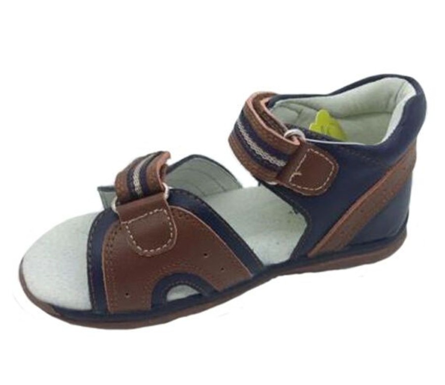 Kids Grosby Sandals | Boys Shoes Grosby Ben Leather Hook And Loop Sandals Size 5-10 New Navy/Brown