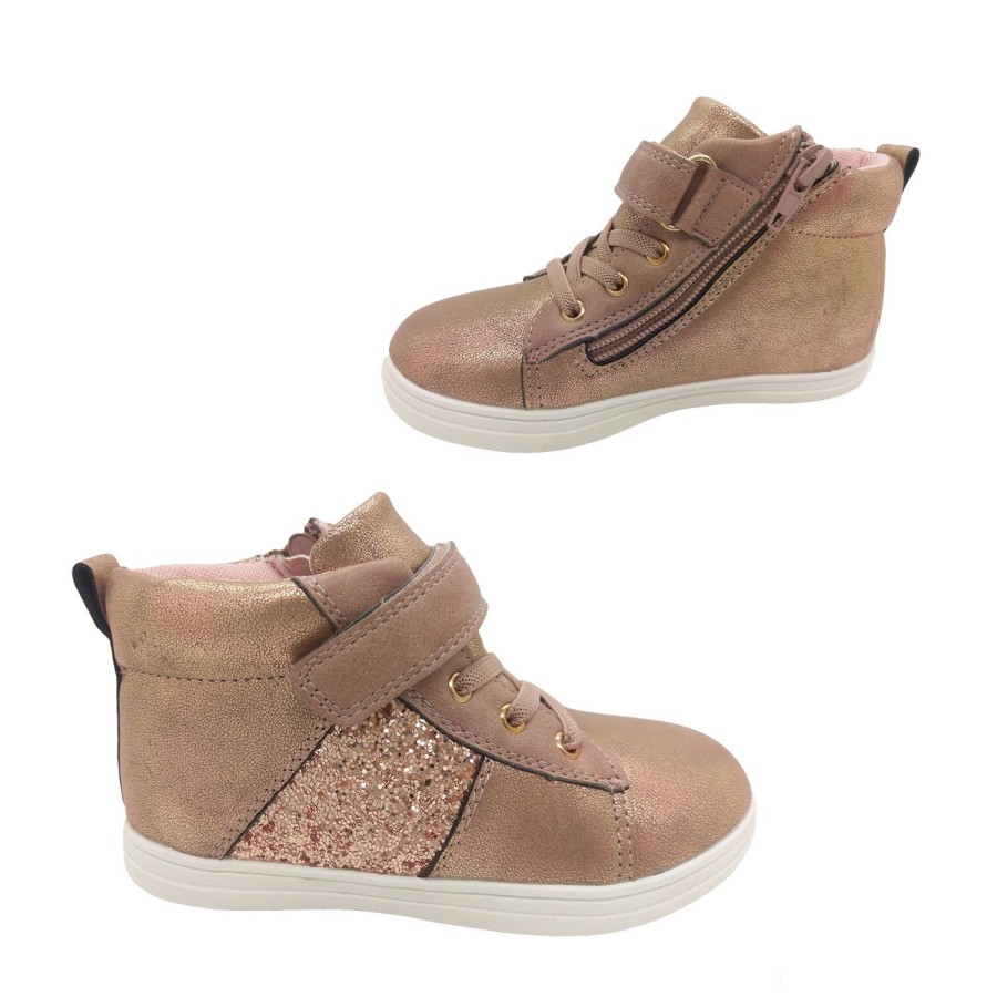 Kids Grosby Boots | Grosby Prudence Little Girls Cute Casual Sparkily Ankle Boot Hook And Loop Zip Rose Gold