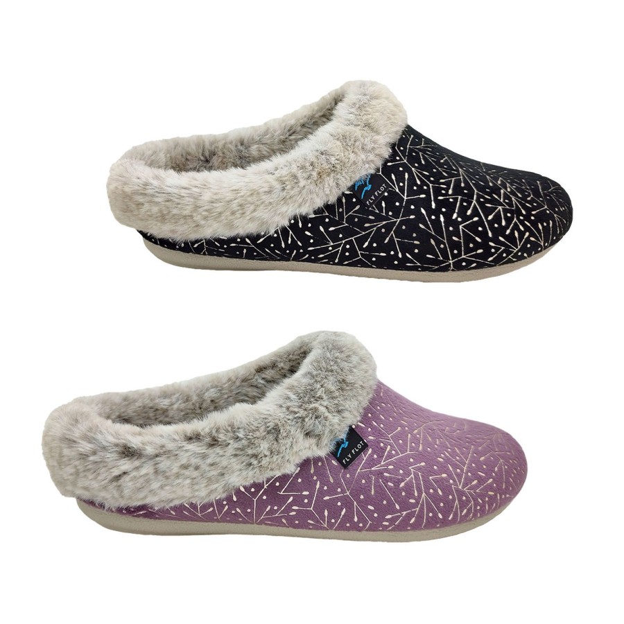 Women Fly Flot | Fly Flot Lily Ladies Slippers Scuff Slip On Shiny Print Light Faux Fur Trim Soft Sole