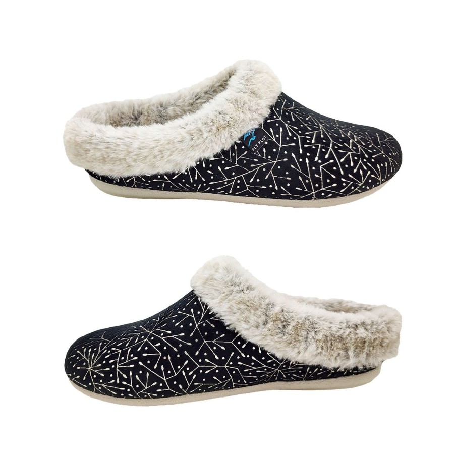 Women Fly Flot | Fly Flot Lily Ladies Slippers Scuff Slip On Shiny Print Light Faux Fur Trim Soft Sole