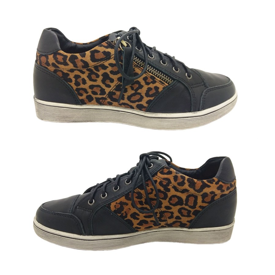 Women Jemma | Jemma Pimble Ladies Lace Up Leather Leopard Casual Shoe Zip Side Black/Leopard