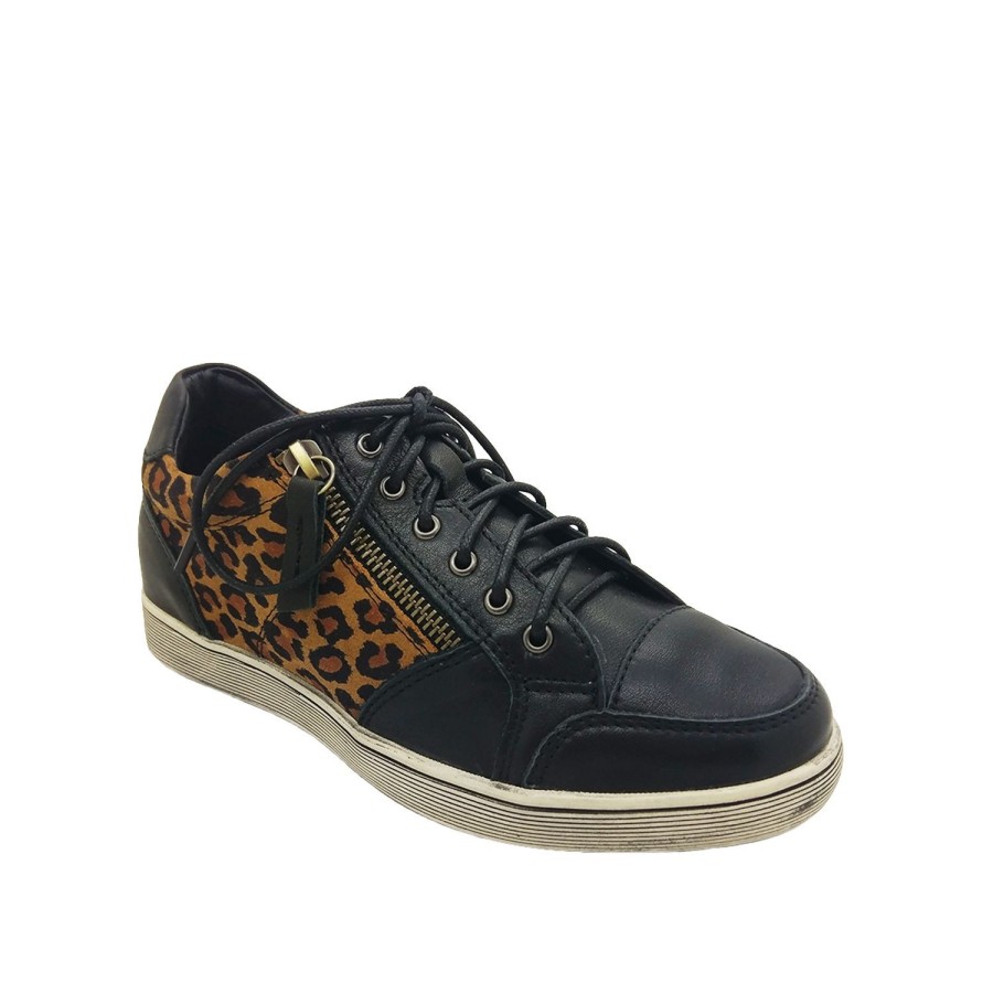 Women Jemma | Jemma Pimble Ladies Lace Up Leather Leopard Casual Shoe Zip Side Black/Leopard