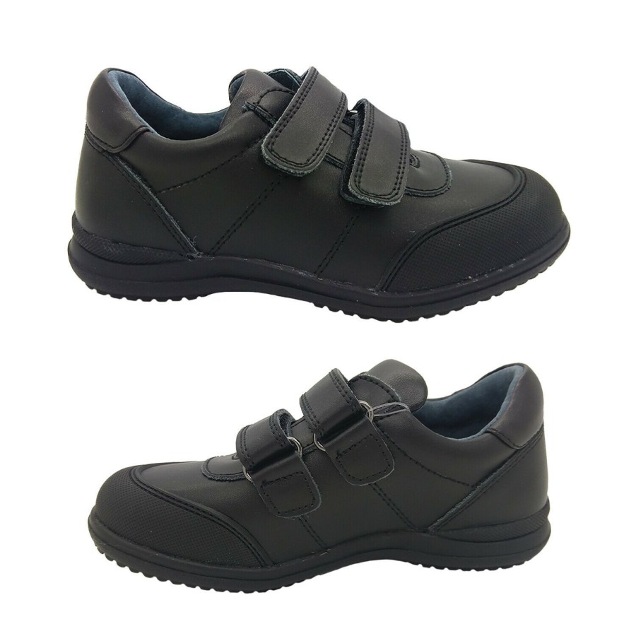 Kids Grosby Casual | Grosby Wiley Boys Shoes Black Leather Hook And Loop Light School Shoes