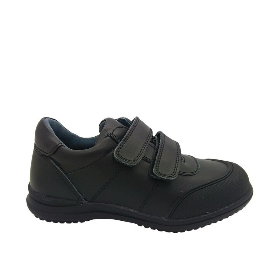 Kids Grosby Casual | Grosby Wiley Boys Shoes Black Leather Hook And Loop Light School Shoes