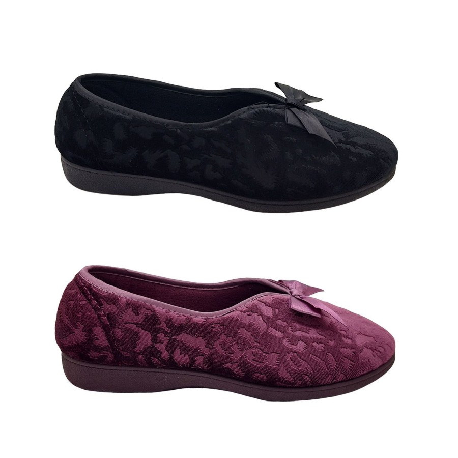 Women Grosby | Grosby Veronica Ladies Slippers V Cut Velour Print Upper Slip On Solid Sole