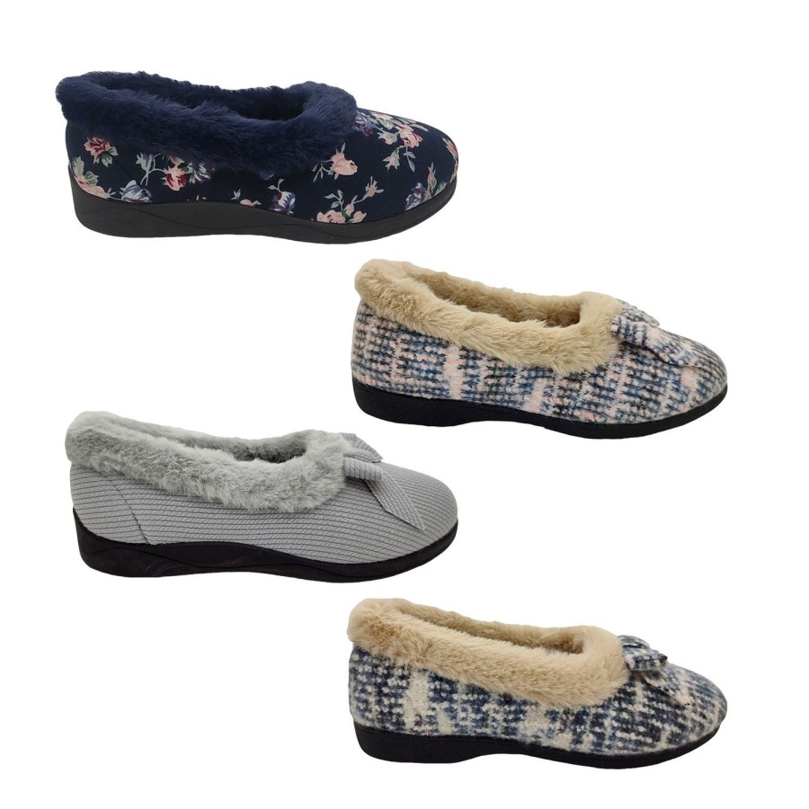 Women Panda | Panda Electra Ladies Slippers Slip On Cosy Furry Trim Bow Front Comfy Sole