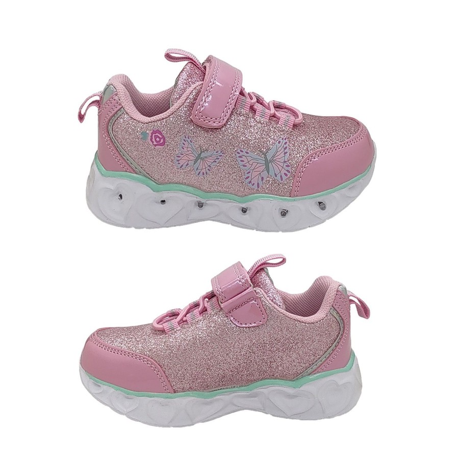 Kids Bolt Runners | Bolt Flutter Girls Shoes Casual Trainer Led Light Up Sole Runner Hook And Loop Pink Glitter