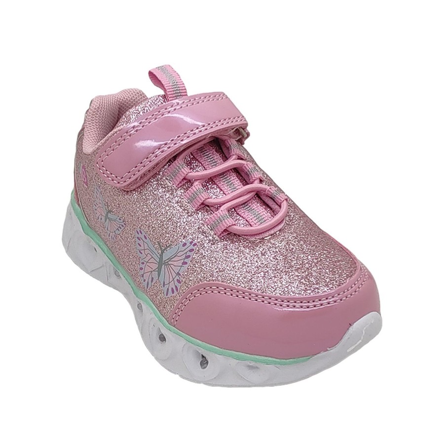 Kids Bolt Runners | Bolt Flutter Girls Shoes Casual Trainer Led Light Up Sole Runner Hook And Loop Pink Glitter