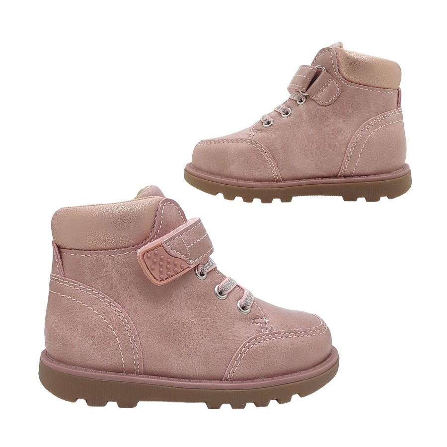 Kids Grosby Boots | Grosby Henrig Little Girls Ankle Boots Strap Elastic Laces Padded Collar Pink