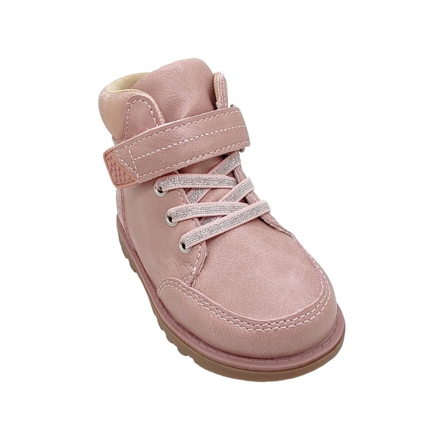 Kids Grosby Boots | Grosby Henrig Little Girls Ankle Boots Strap Elastic Laces Padded Collar Pink