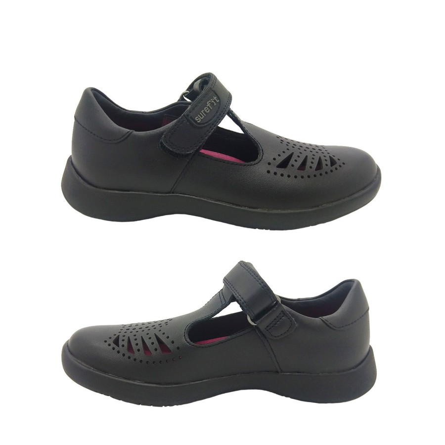 Kids Surefit School | Surefit Bella Girls School Shoe Leather T-Bar Style Multifit Insole Hook And Loop Black