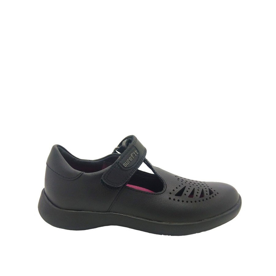 Kids Surefit School | Surefit Bella Girls School Shoe Leather T-Bar Style Multifit Insole Hook And Loop Black