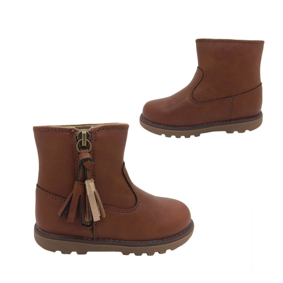 Kids Grosby Boots | Grosby Penny Tassle Girls Boots Cute Smooth Upper Ankle Boot Tassled Zip Tan