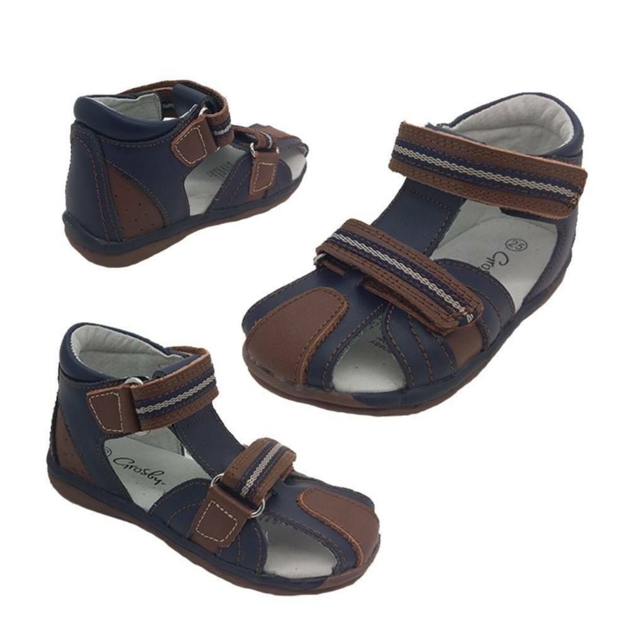 Kids Grosby Sandals | Boys Shoes Grosby Bobby Little Boys Sandals Leather Hook And Loop Sandals Navy/Brown