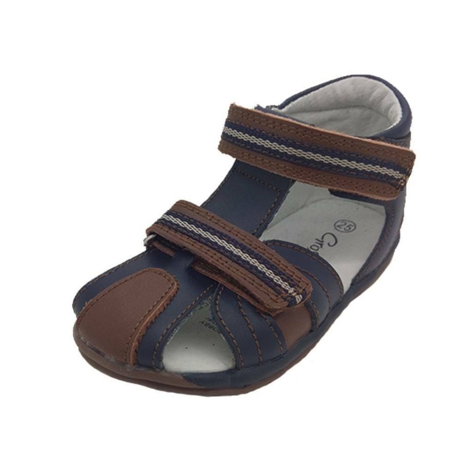 Kids Grosby Sandals | Boys Shoes Grosby Bobby Little Boys Sandals Leather Hook And Loop Sandals Navy/Brown