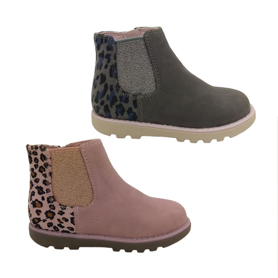 Kids Grosby Boots | Grosby Pepper Girls Shoes Boots Ankle Boot Leopard Trim Zip Side Sparkle Elastic