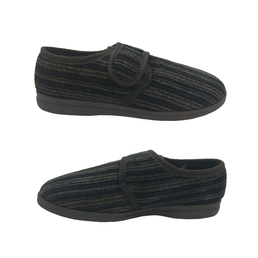 Men Grosby | Grosby Thurston Mens Slippers Hook And Loop Tab Soft Cord Upper Flat Sole Black/Grey