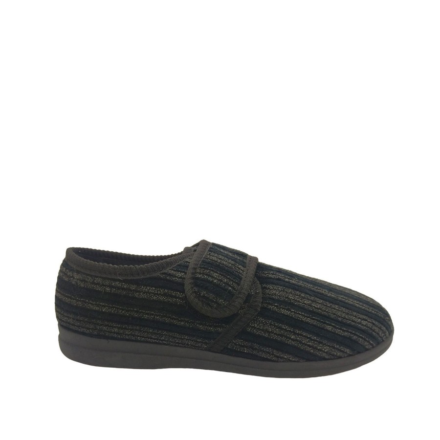 Men Grosby | Grosby Thurston Mens Slippers Hook And Loop Tab Soft Cord Upper Flat Sole Black/Grey