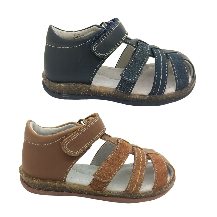 Kids Surefit Sandals | Boys Shoes Surefit Max Covered Toe Adjustable Leather Sandals Flat Flex Sole