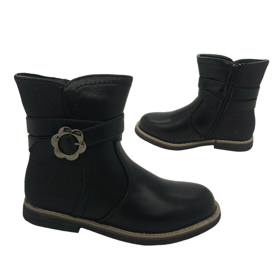 Kids Grosby Boots | Girls Boots Grosby Brooke Low Calf Boot Zip Glitter Buckle Size 10-3 New Black Glitter