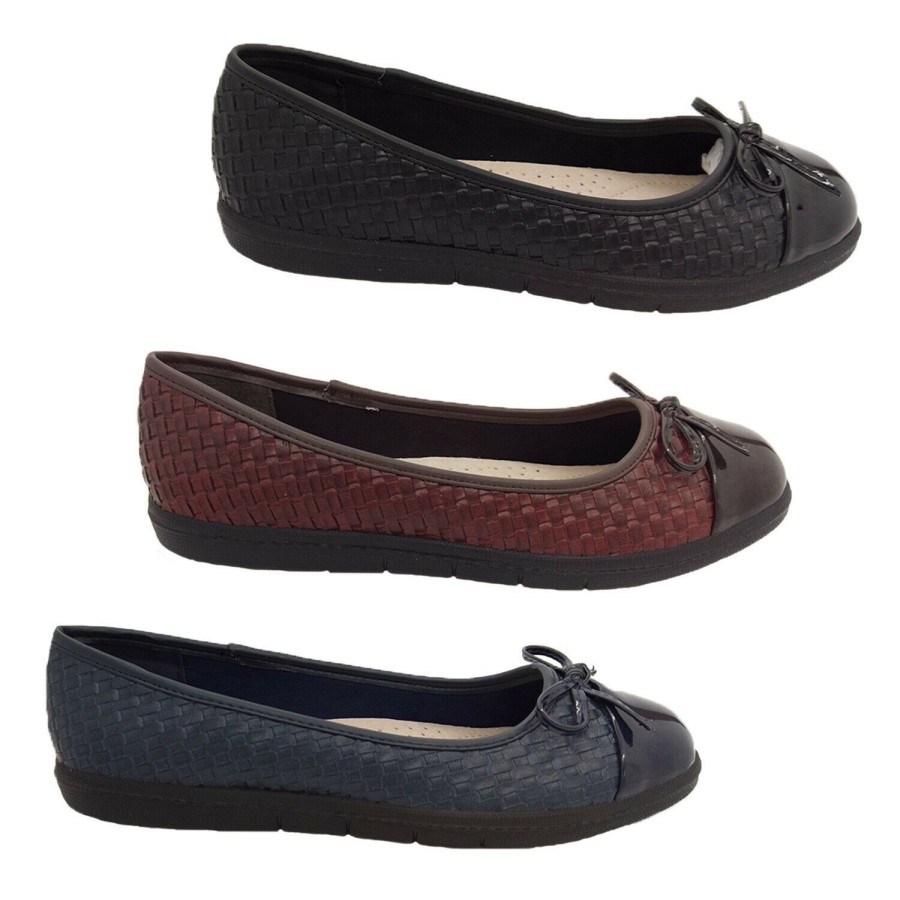 Women Bellissimo | Ladies Shoes Bellissimo Leonie Ballet Flat Woven Look Patent Toe 3 Colour Us5-10