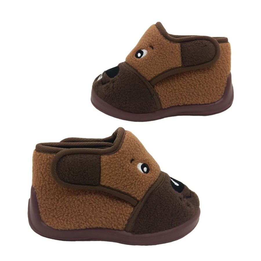 Kids Grosby Slippers | Grosby Ralph Little Boys Slipper Boot Adjustable Tabs Cute Puppy Design Brown