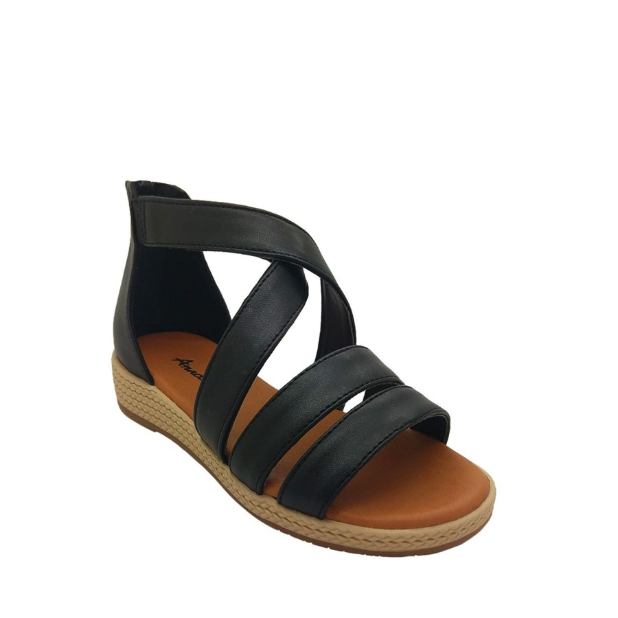 Kids Anna Sandals | Anna Savia Girls Sandal Strappy Front Cross Ankle Strap Wedge Sole Black