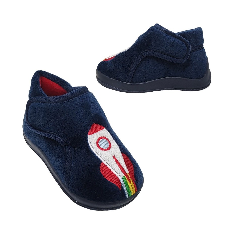 Kids Grosby Slippers | Grosby Rocket Toddler Little Boys Slippers Bootie Dual Opening Soft Upper Navy