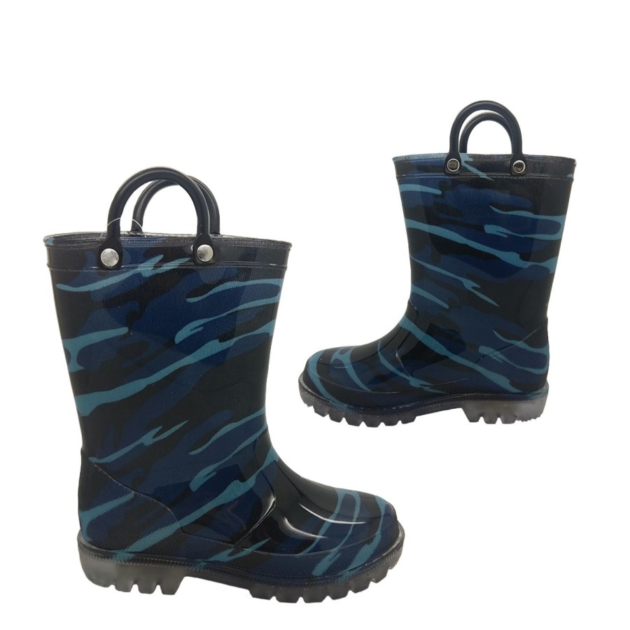 Kids Jellies Outdoor | Jellies Trooper Boys Gumboots Light Up Sole Pull On Wellies Fun Camo Print Blue Camo