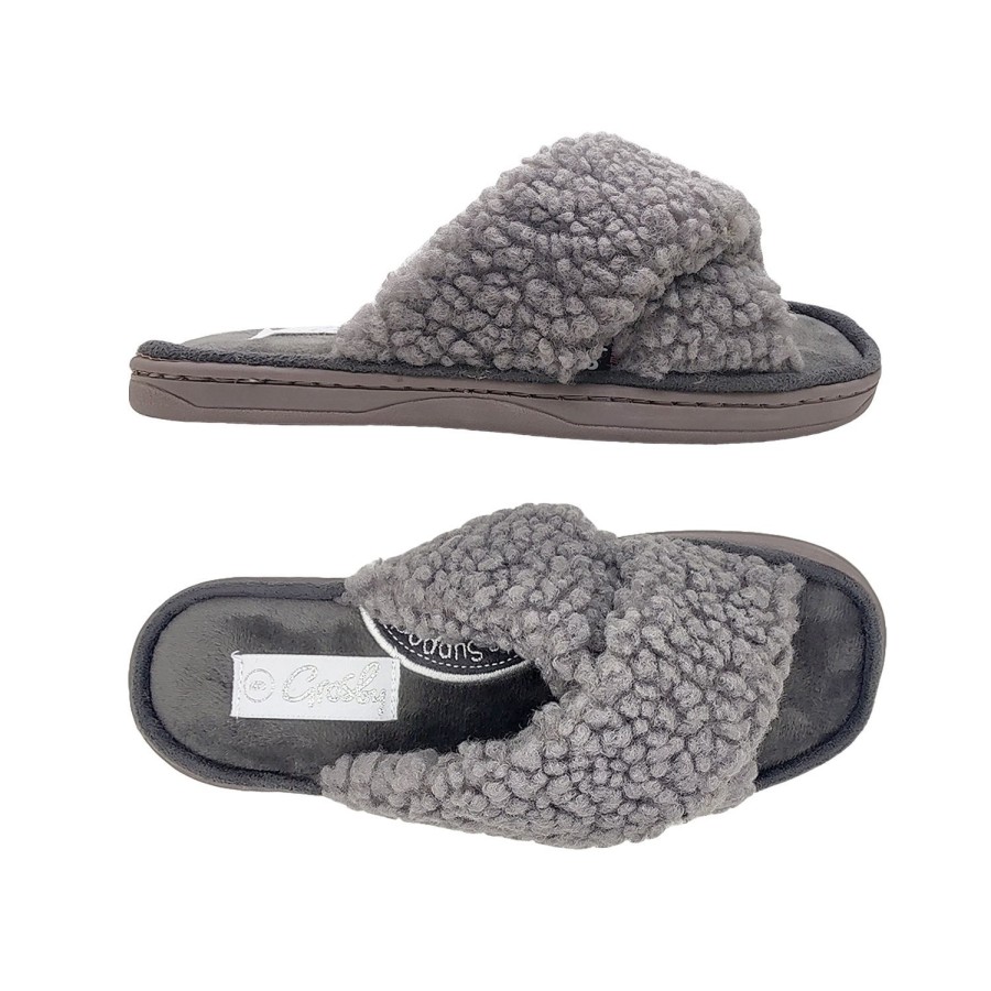 Women Grosby | Grosby Curly Cross Ladies Slippers Shoes Slip On Crossover Strap Flat Soft Grey