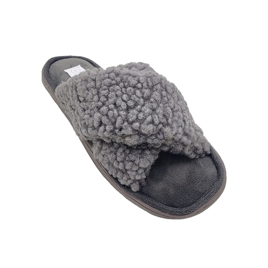 Women Grosby | Grosby Curly Cross Ladies Slippers Shoes Slip On Crossover Strap Flat Soft Grey