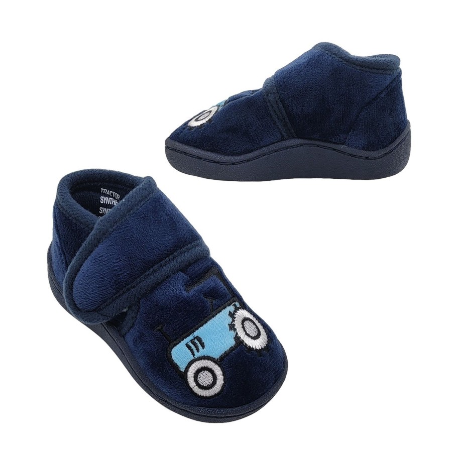 Kids Surefit Slippers | Surefit Tractor Little Boys Toddler Slippers Velour Upper Tab Adjust Embroidered Top Navy