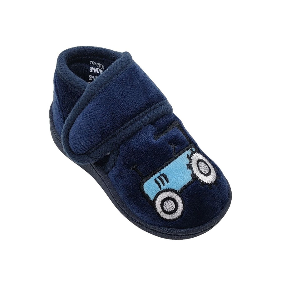 Kids Surefit Slippers | Surefit Tractor Little Boys Toddler Slippers Velour Upper Tab Adjust Embroidered Top Navy