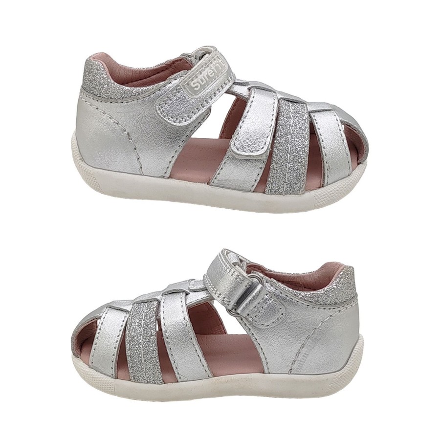 Kids Surefit Sandals | Surefit Alice Little Girls Sandals Leather Heel In Covered Toe Adjustable Straps Silver