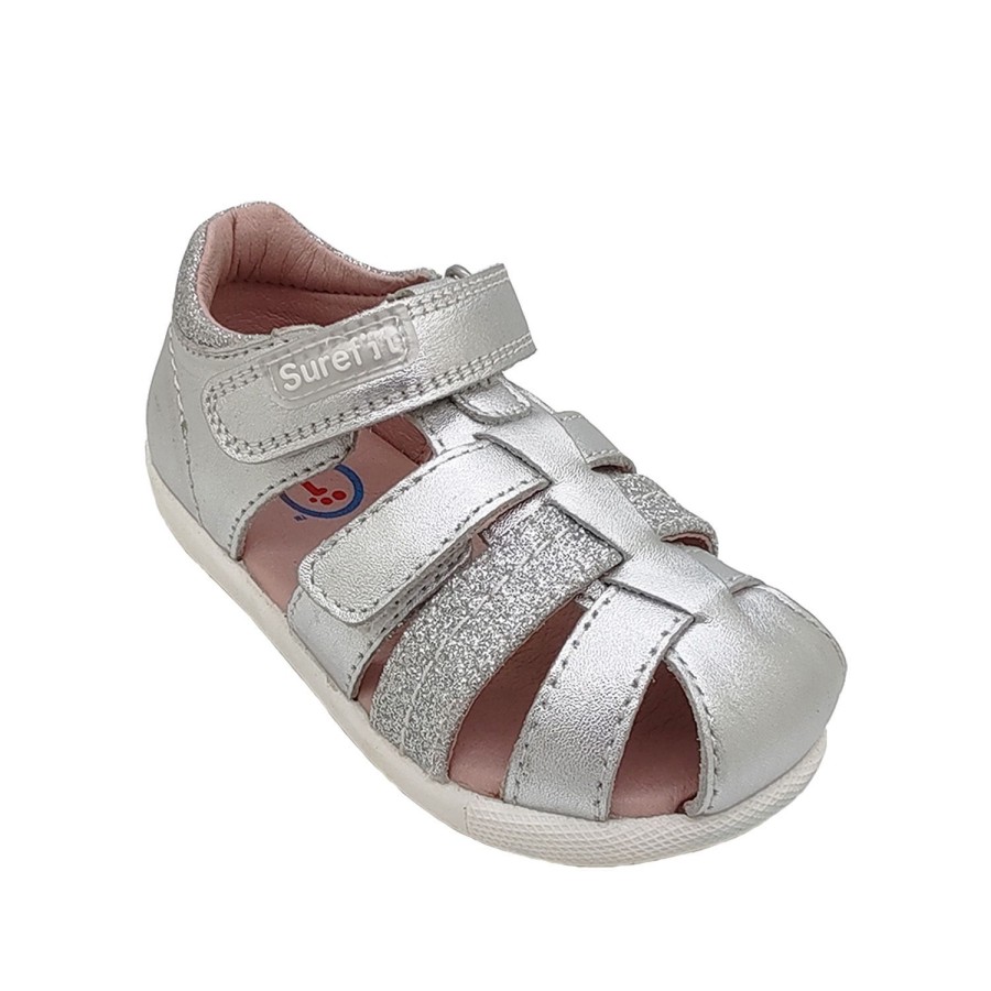 Kids Surefit Sandals | Surefit Alice Little Girls Sandals Leather Heel In Covered Toe Adjustable Straps Silver