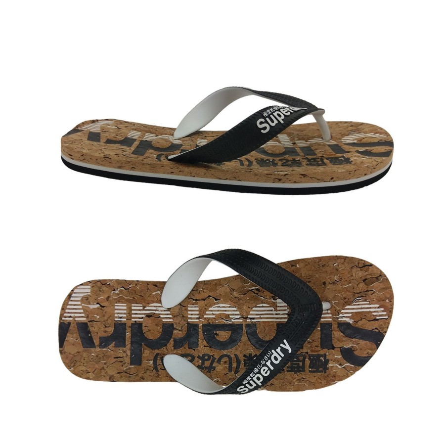 Men Superdry | Superdry Cork Flip Flop Mens Thongs Slip On Cork Insole Black