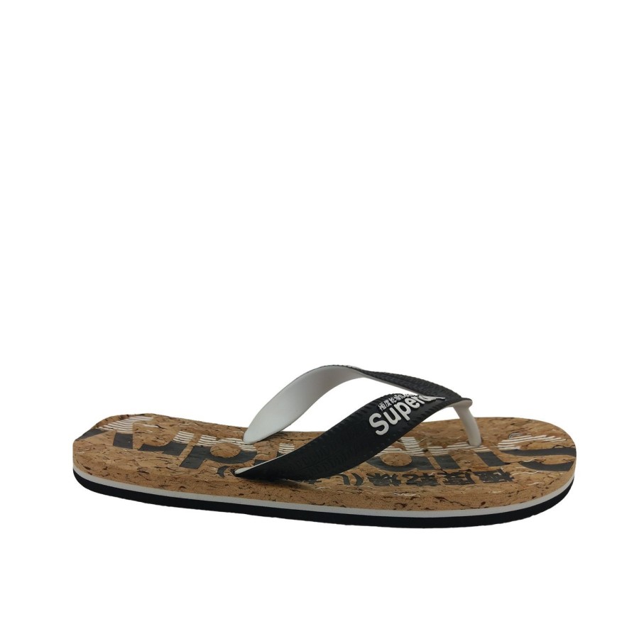 Men Superdry | Superdry Cork Flip Flop Mens Thongs Slip On Cork Insole Black