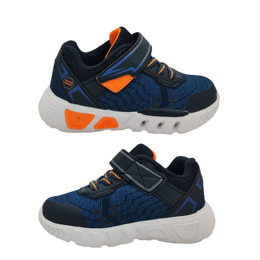 Kids Bolt Runners | Bolt Cannon Boys Shoes Led Light Up Sole Runners Hook And Loop Flex Sole Navy